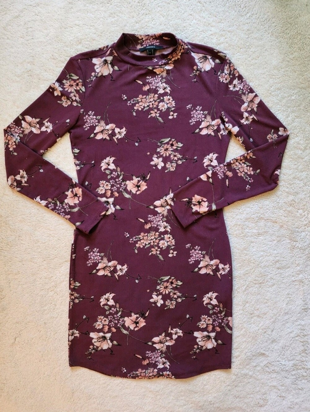 Forever 21 Plum Floral Long Sleeve Mock Neck Bodycon Dress